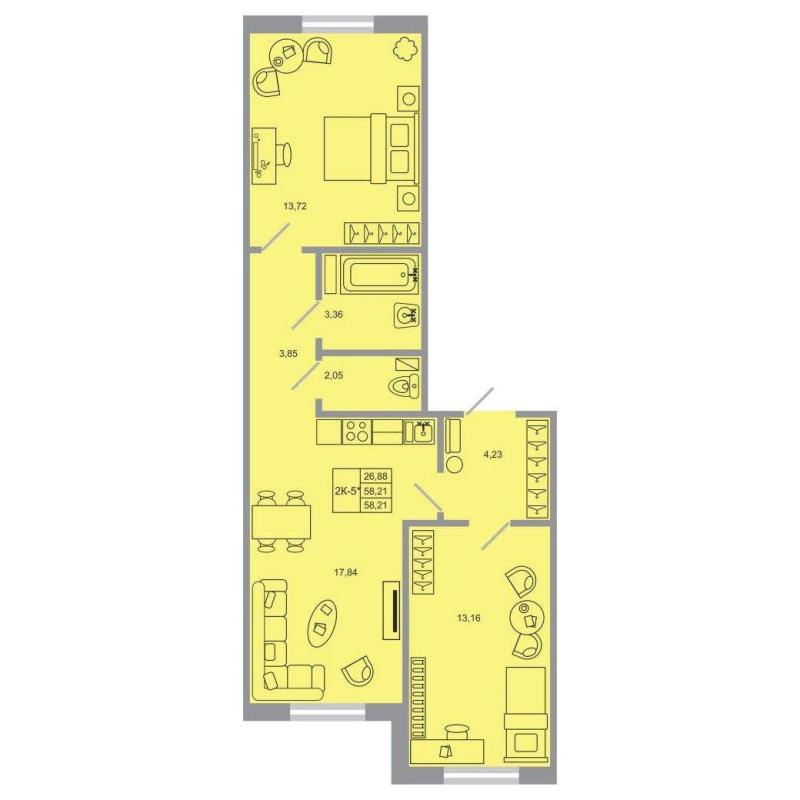 2-комн. квартира, 58 м², 3/17 этаж