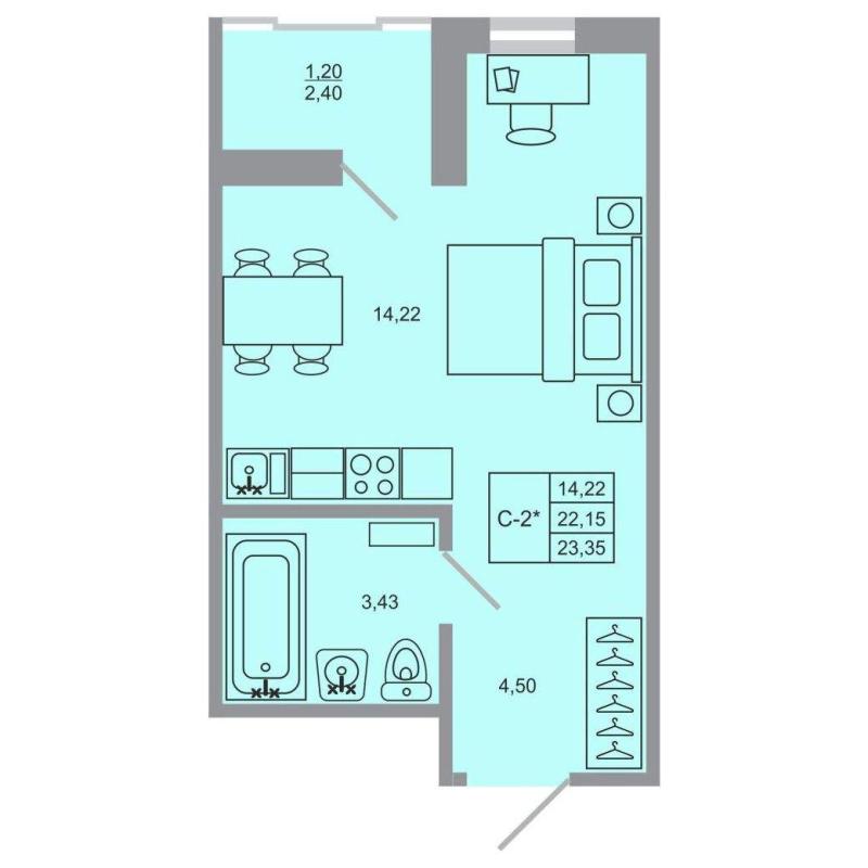 Квартира-Студия, 23 м², 12/17 этаж