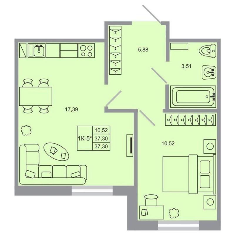 1-комн. квартира, 37 м², 4/17 этаж