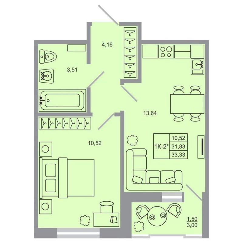 1-комн. квартира, 33 м², 9/17 этаж