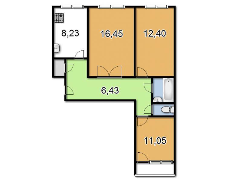 3-комнатная квартира, 61 м2