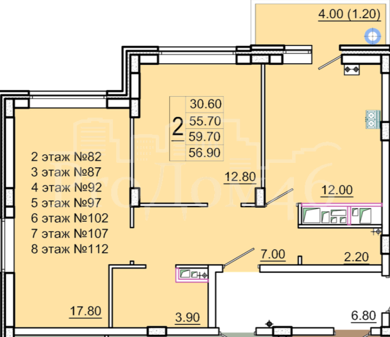 2-комн. квартира, 59.7 м², 4/8 этаж