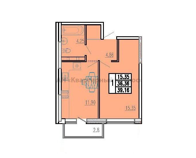 1-комнатная квартира, 39.16 м2