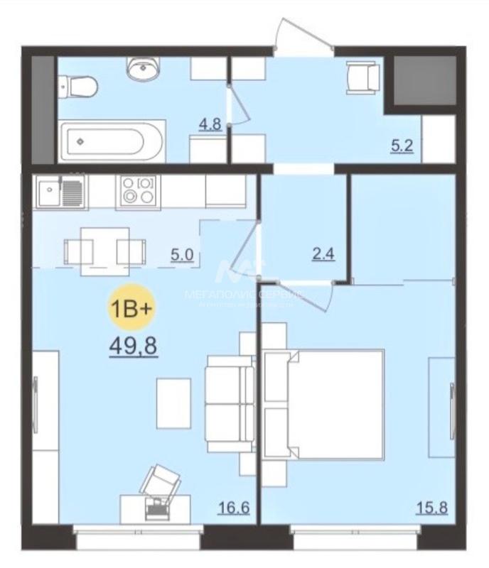 1-комнатная квартира, 49.8 м2
