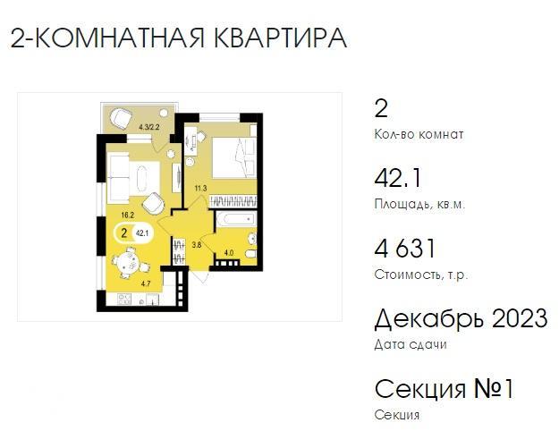 2-комнатная квартира, 42.1 м2