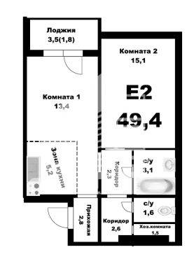 2-комнатная квартира, 49.4 м2