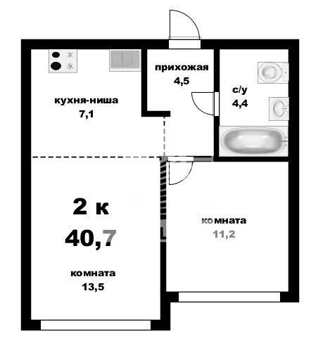 2-комнатная квартира, 40.7 м2