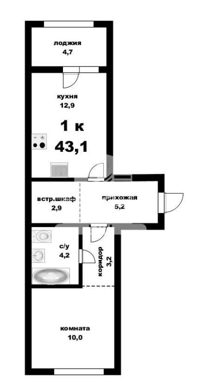 1-комнатная квартира, 43.1 м2