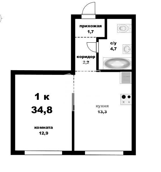 1-комнатная квартира, 34.8 м2