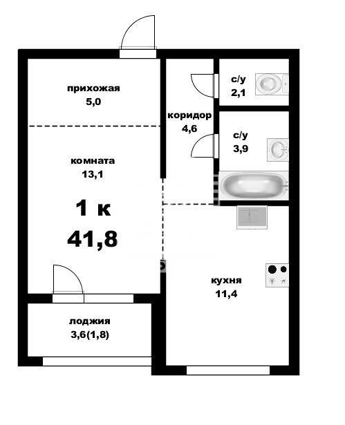 1-комнатная квартира, 41.8 м2