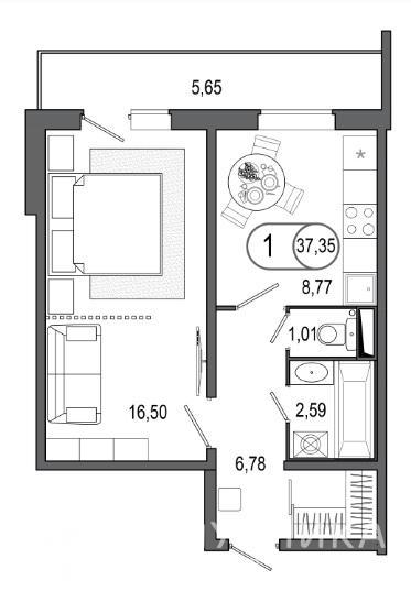 1-комнатная квартира, 37.35 м2