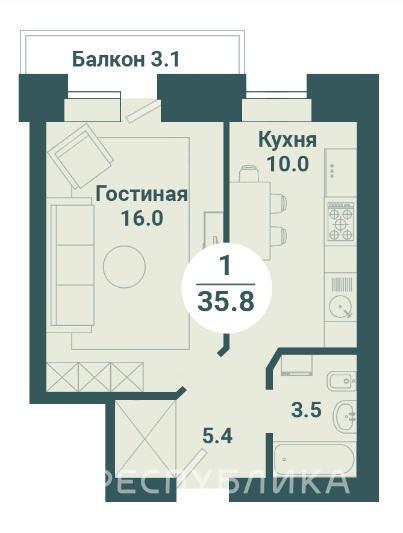 1-комнатная квартира, 35.8 м2