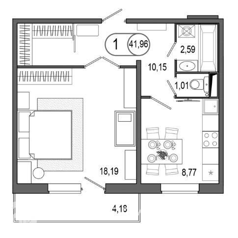 1-комнатная квартира, 41.96 м2