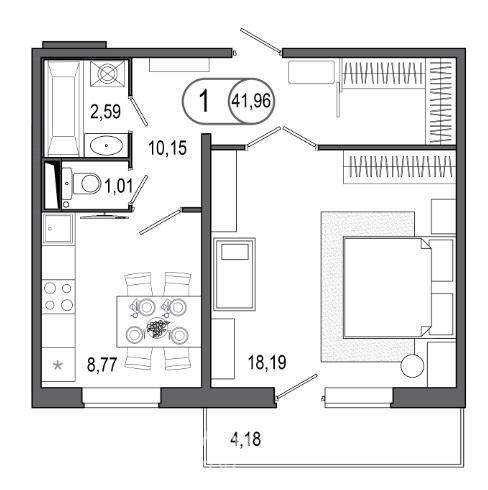 1-комнатная квартира, 41.96 м2