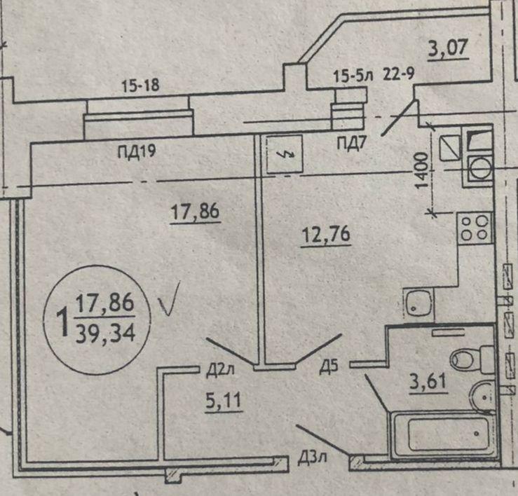 1-комнатная квартира, 39.34 м2