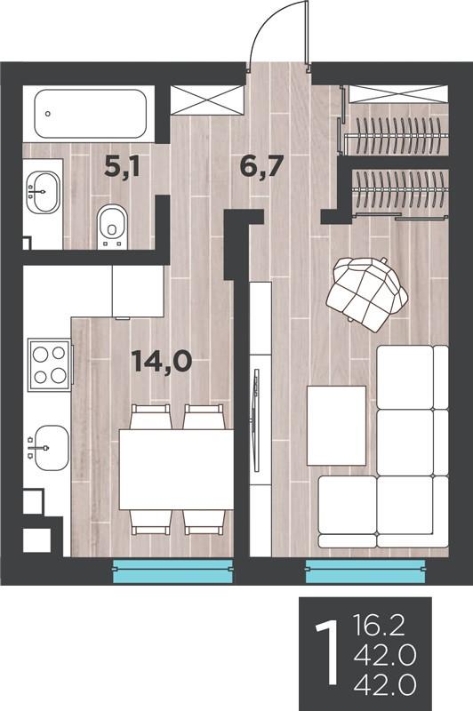 1-комнатная квартира, 42 м2