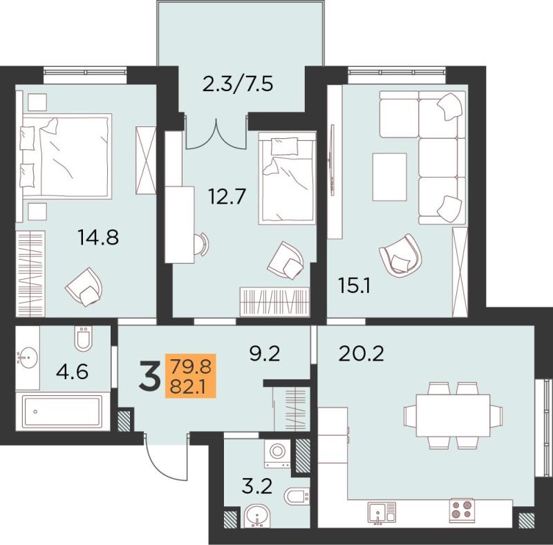 3-комнатная квартира, 82 м2
