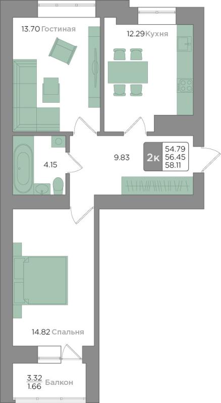 2-комнатная квартира, 56 м2