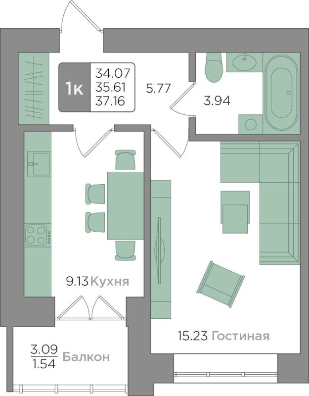1-комнатная квартира, 56 м2