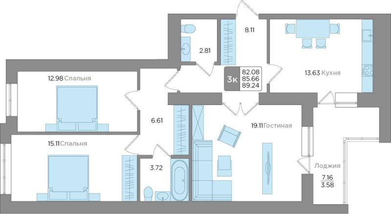 3-комнатная квартира, 86 м2
