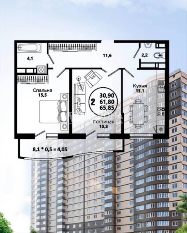 2-комн. квартира, 65 м², 9/19 этаж