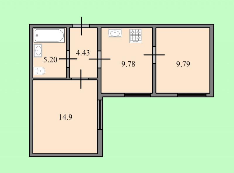 2-комнатная квартира, 44.1 м2