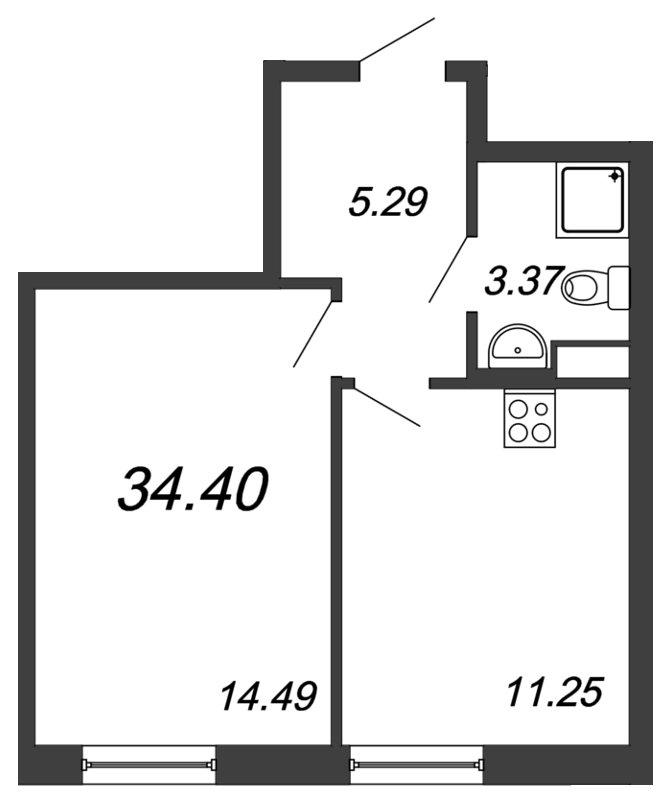 1-комнатная квартира, 34.4 м2