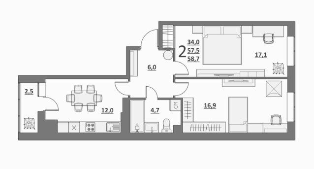 2-комнатная квартира, 66.7 м2