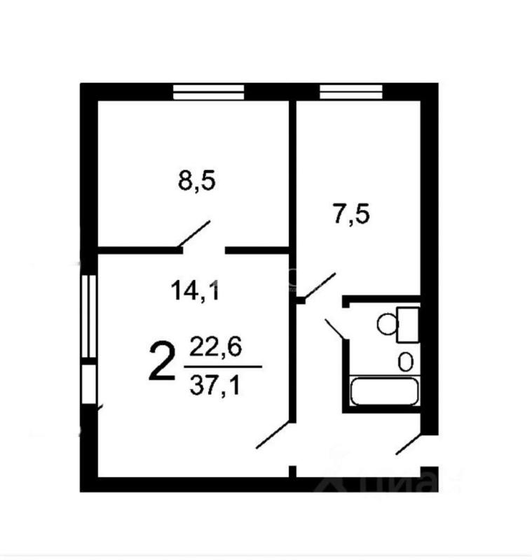 2-комнатная квартира, 37.1 м2