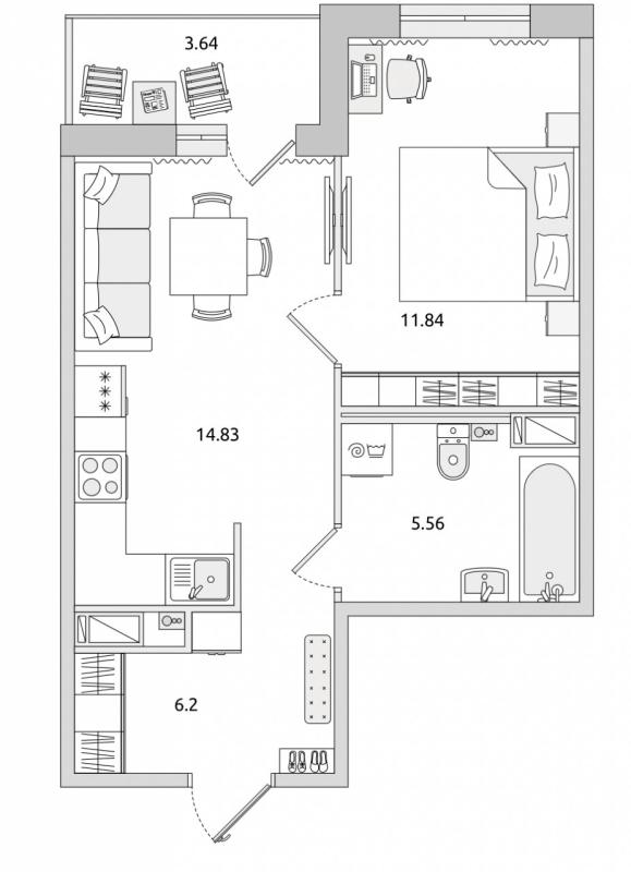 1-комнатная квартира, 38.43 м2