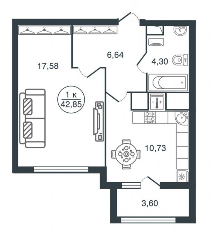 1-комнатная квартира, 42.85 м2