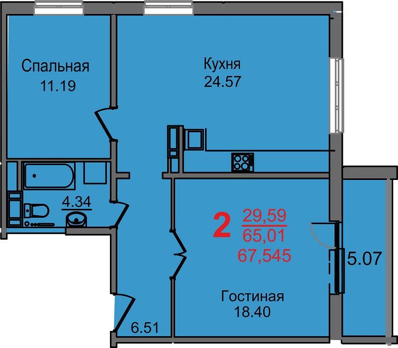2-комнатная квартира, 65.01 м2