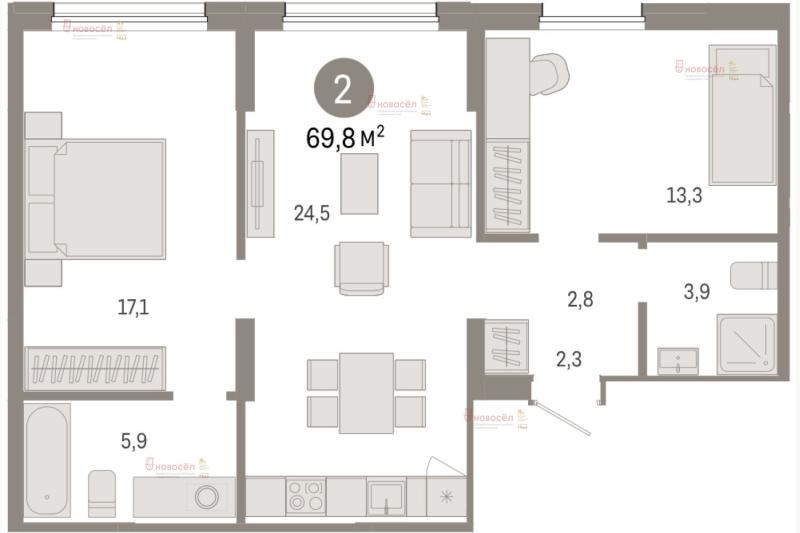 2-комнатная квартира, 69.8 м2