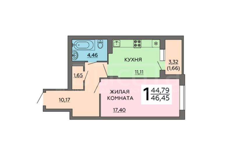1-комнатная квартира, 46.45 м2