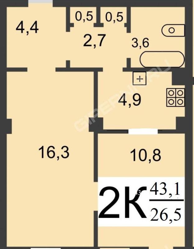 2-комнатная квартира, 43.1 м2