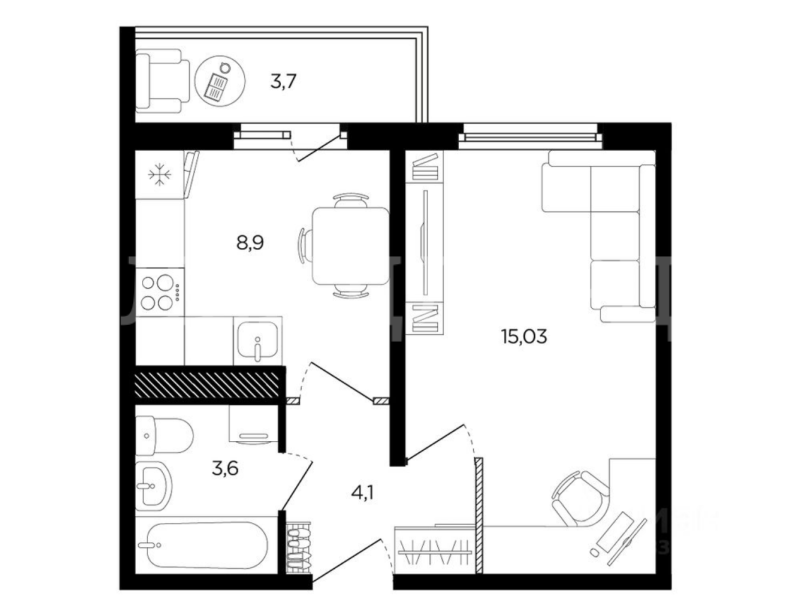1-комнатная квартира, 33.2 м2
