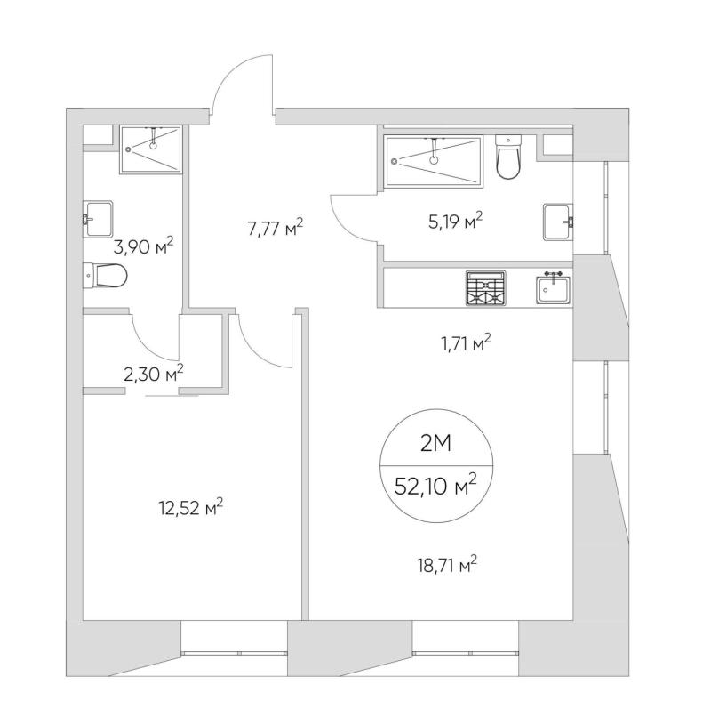2-комнатная квартира, 52 м2