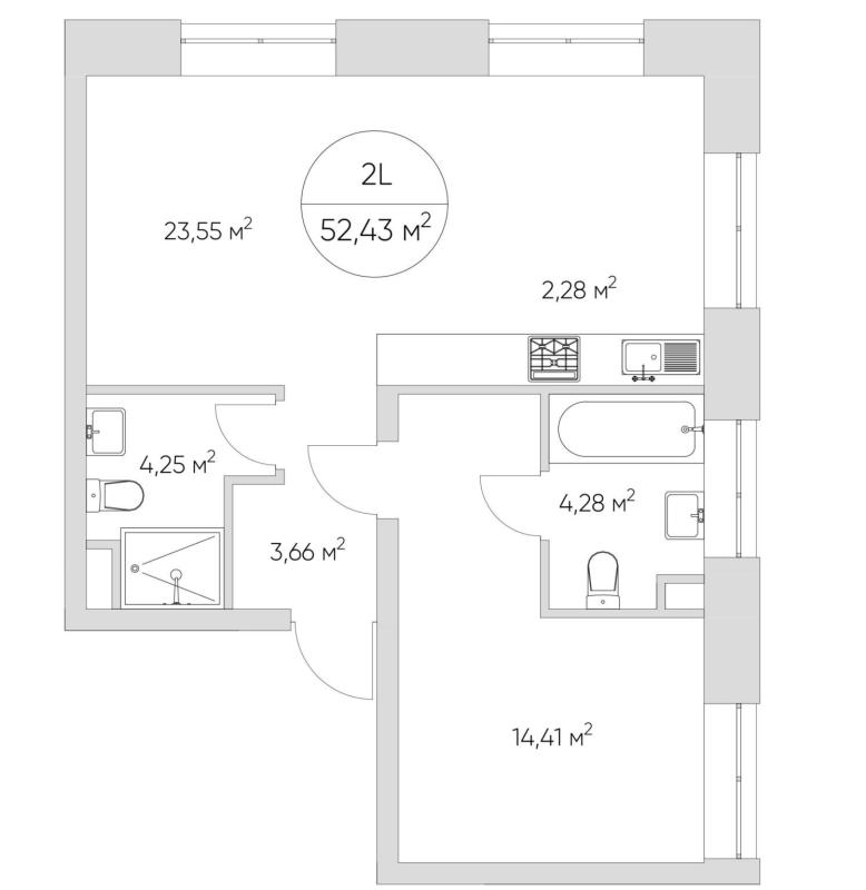 2-комнатная квартира, 52 м2