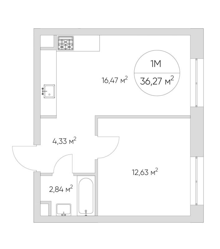 1-комнатная квартира, 36 м2