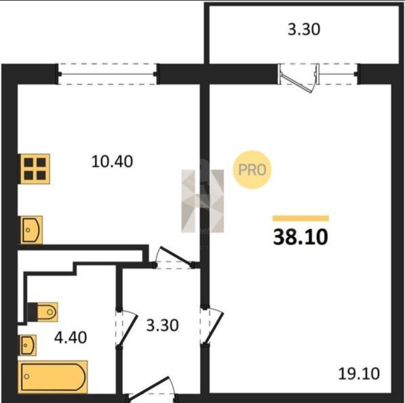 1-комнатная квартира, 38.1 м2