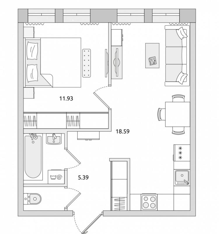 1-комнатная квартира, 40.34 м2