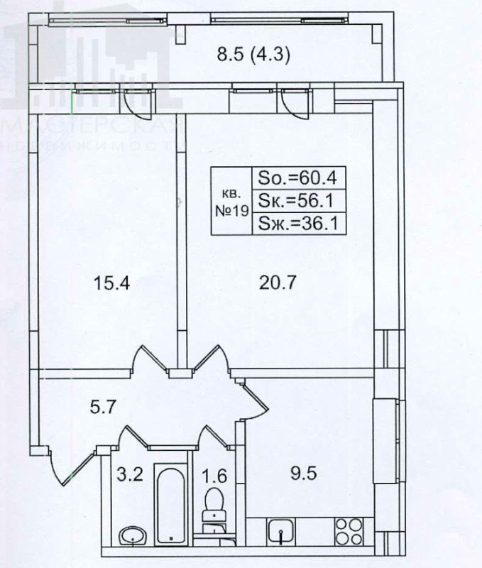 2-комнатная квартира, 60.4 м2