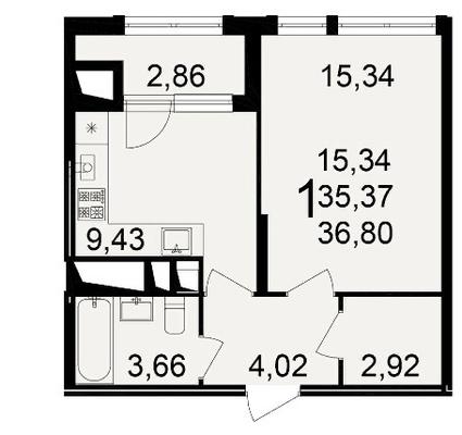 1-комнатная квартира, 36.8 м2
