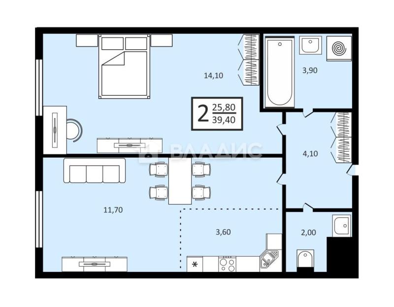 1-комнатная квартира, 39.4 м2