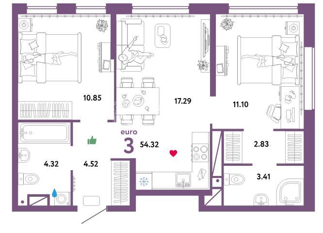 2-комнатная квартира, 54.32 м2