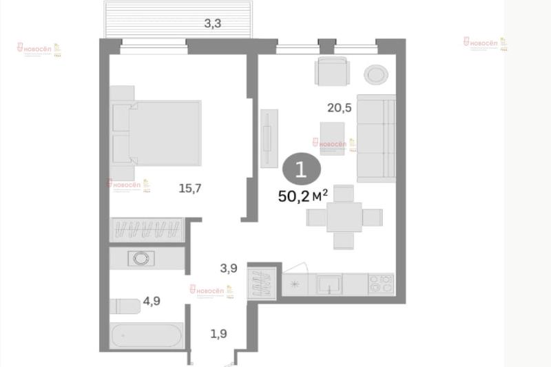 1-комнатная квартира, 50.2 м2