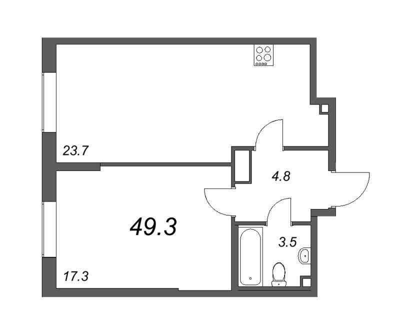 1-комнатная квартира, 49.3 м2