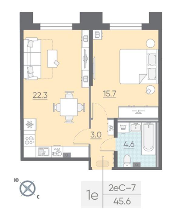 1-комнатная квартира, 45.6 м2