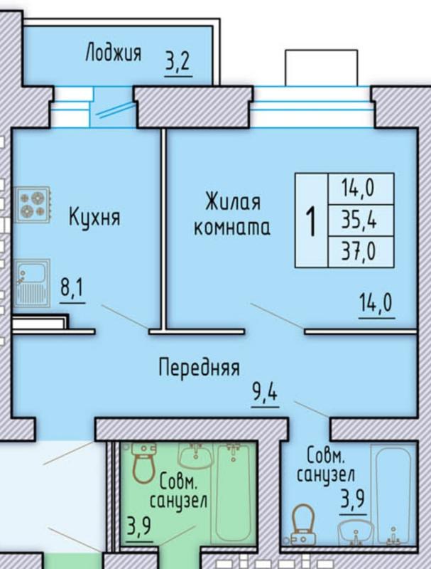 2-комнатная квартира, 37.6 м2