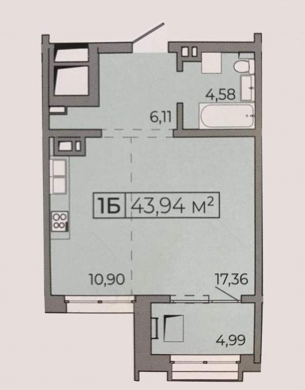 1-комнатная квартира, 44.3 м2